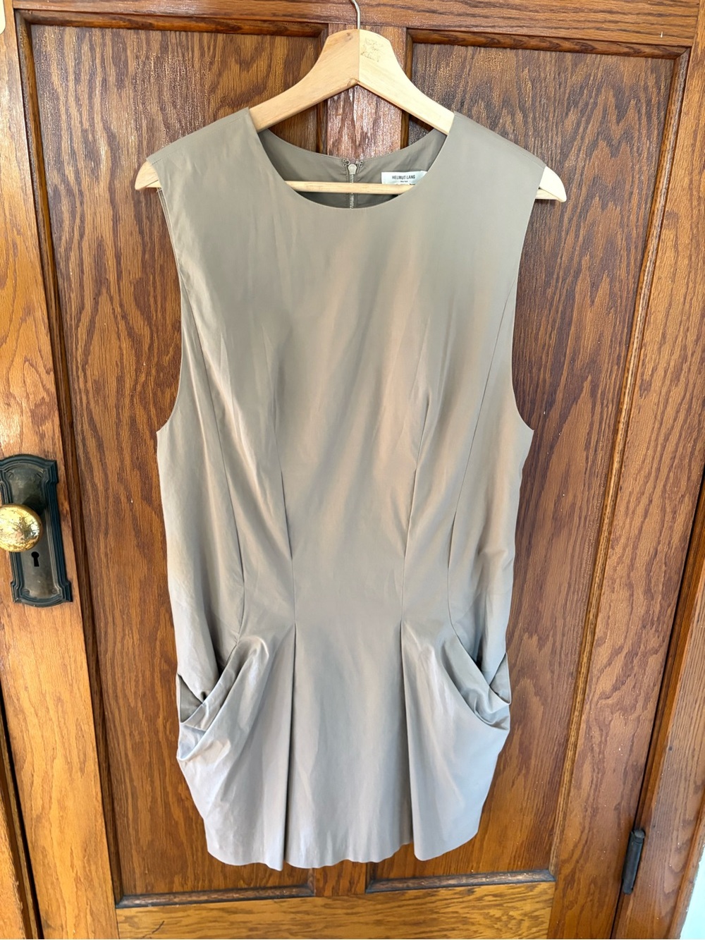 Helmut Lang Taupe Sleeveless Shift Dress Pockets Back Zip EUC Size L